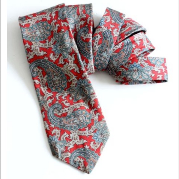 Burberrys London Mens Silk Neck Tie Paisley Print Vintage Red Gray - Picture 2 of 5